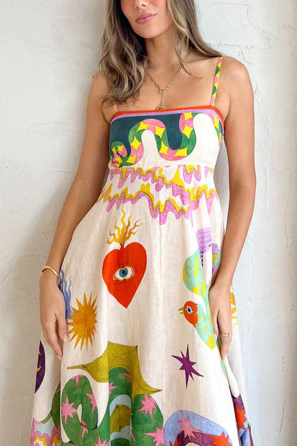 Mythological Print Spaghetti Strap Square Neck Smocked Back Pocketed Midi Dress