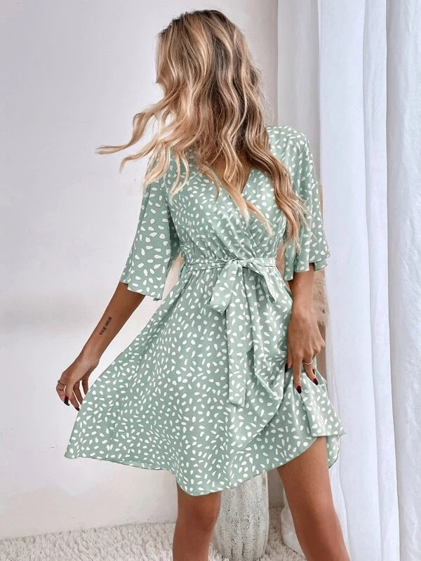Dalmatian Print Flutter Sleeve Wrap Tie Waist Mini Dress