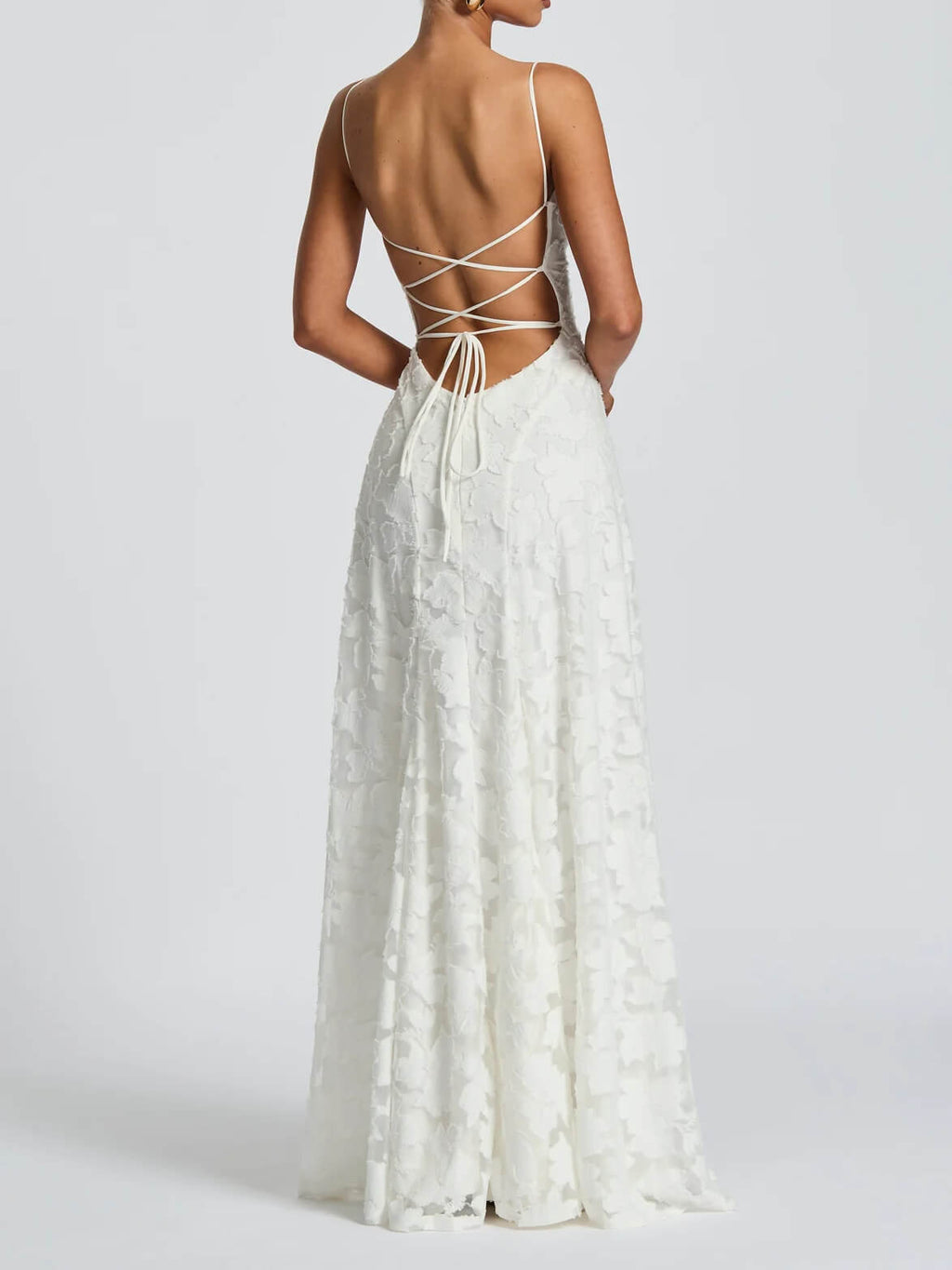 Square Neck Spaghetti Strap Floral Applique Tiered A-Line Maxi Dress