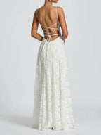 Square Neck Spaghetti Strap Floral Applique Tiered A-Line Maxi Dress