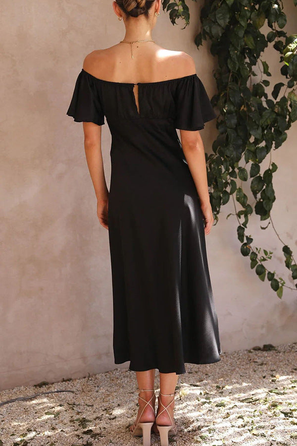 Off Shoulder Sweetheart Neck Flutter Sleeve Satin Bustier Midi Dress
