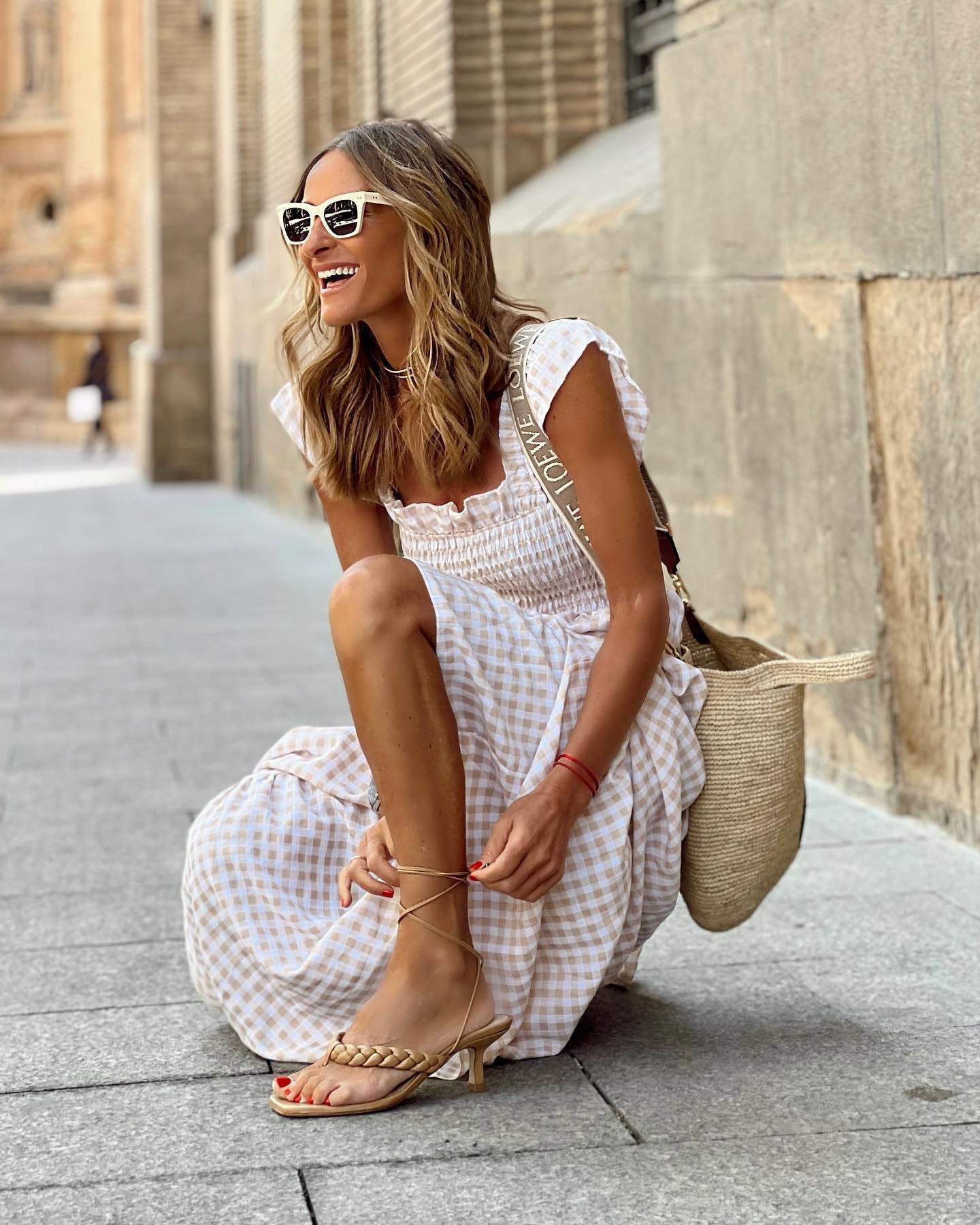 Gingham Print Smocked Square Neck Cap Sleeve Tiered Maxi Dress