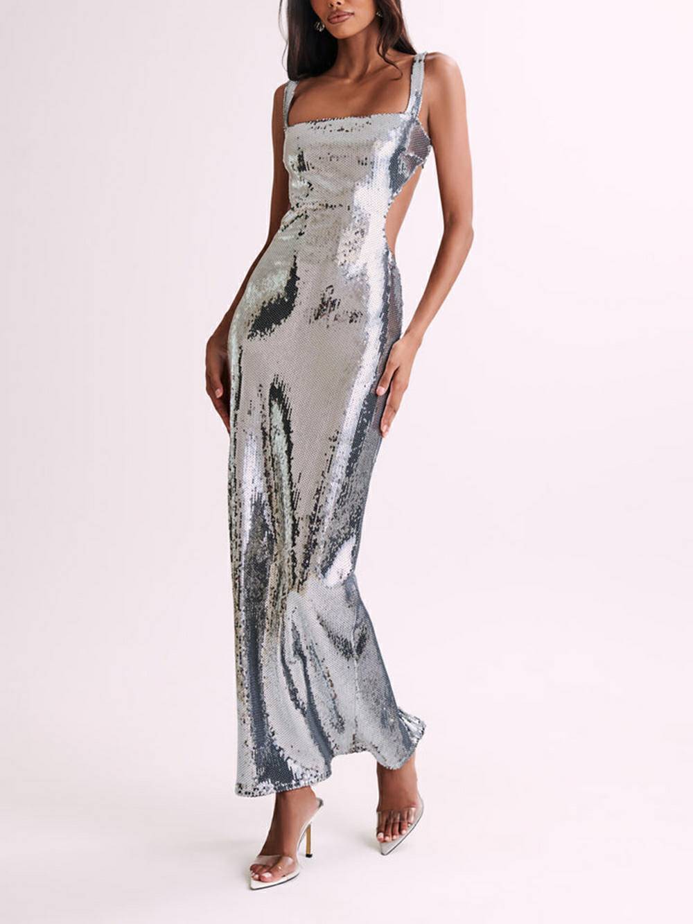 Sequin Square Neck Side Cut Out Bodycon Maxi Dress