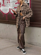 Vintage Plaid Shirts Women Loose Gingham Female Blouse Autumn