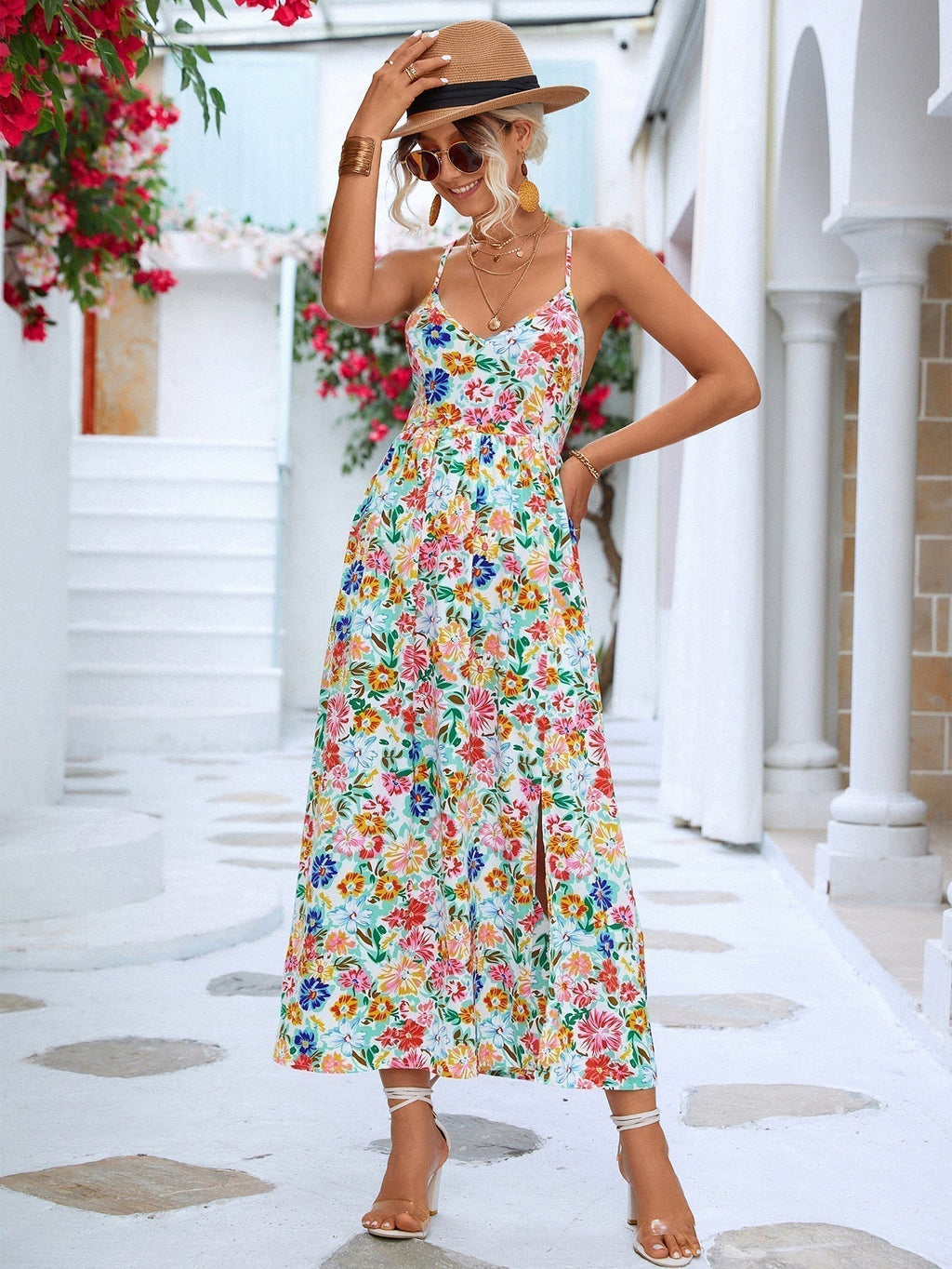 Spaghetti Strap Deep V-Neck Open Back Floral Side Slit Maxi Dress