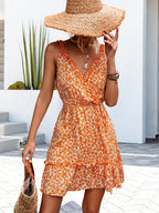 Ditsy Floral Print V-Neck Ruffle Trim Sleeveless Wrap Front Mini Dress