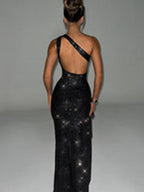 One-Shoulder Shimmer Ruched High Slit Maxi Gown
