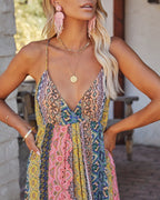 Deep V-Neck Patchwork Floral Paisley Halter Maxi Dress