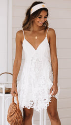 Lace Panel Pleated Deep V-Neck Spaghetti Strap A-Line Mini Dress