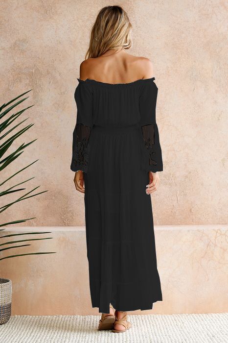 Off Shoulder Lace Embroidered Bell Sleeve Smocked Tiered Maxi Dress