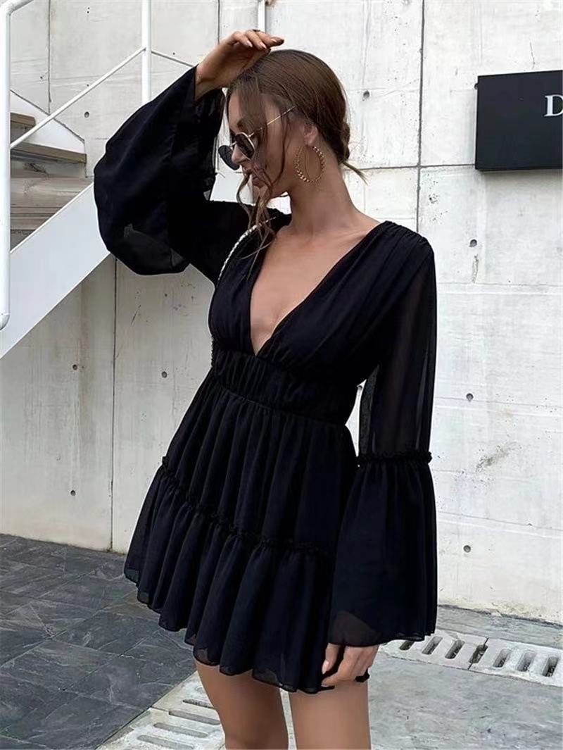 Chiffon Deep V-Neck Mesh Bell Sleeve Smocked Tiered Ruffle Mini Dress