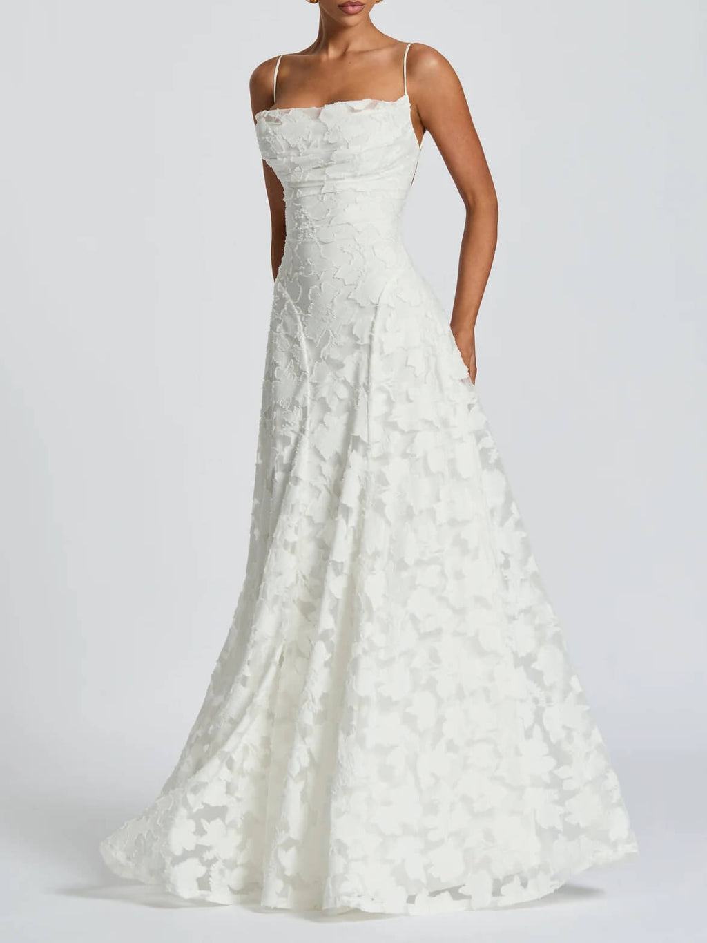 Square Neck Spaghetti Strap Floral Applique Tiered A-Line Maxi Dress