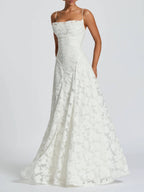 Square Neck Spaghetti Strap Floral Applique Tiered A-Line Maxi Dress