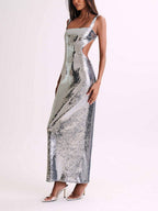 Sequin Square Neck Side Cut Out Bodycon Maxi Dress