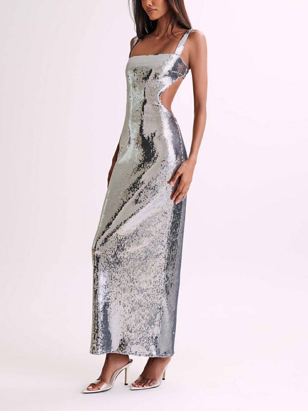 Sequin Square Neck Side Cut Out Bodycon Maxi Dress