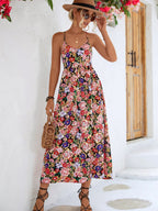 Spaghetti Strap Deep V-Neck Open Back Floral Side Slit Maxi Dress