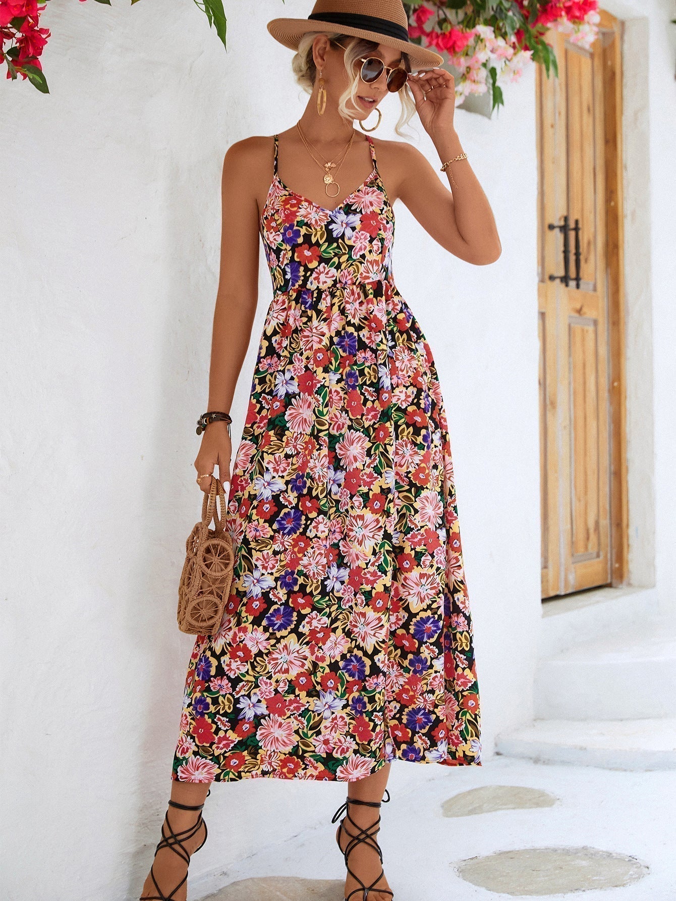 Spaghetti Strap Deep V-Neck Open Back Floral Side Slit Maxi Dress