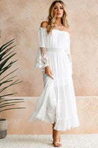 Off Shoulder Lace Embroidered Bell Sleeve Smocked Tiered Maxi Dress