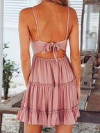 Lace Insert Tiered Ruffle Spaghetti Strap Deep V-Neck Mini Dress