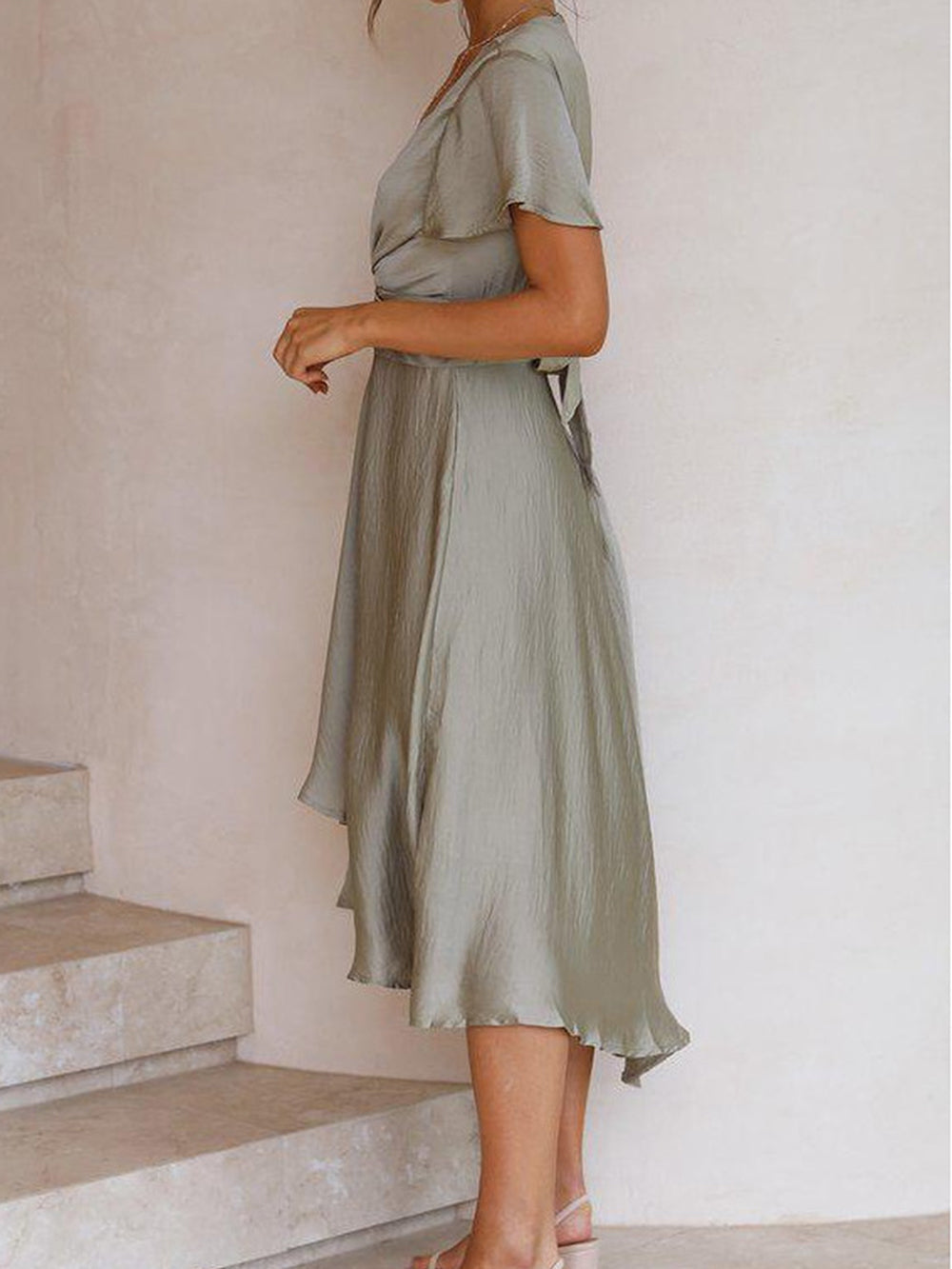 Twist Front Cutout Deep V Neck Flutter Sleeve High Low Satin Midi Dress