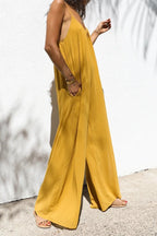 Solid Patchwork Spaghetti Strap Oversized Maxi Jumpsuit In Yellow