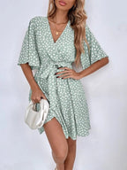 Dalmatian Print Flutter Sleeve Wrap Tie Waist Mini Dress