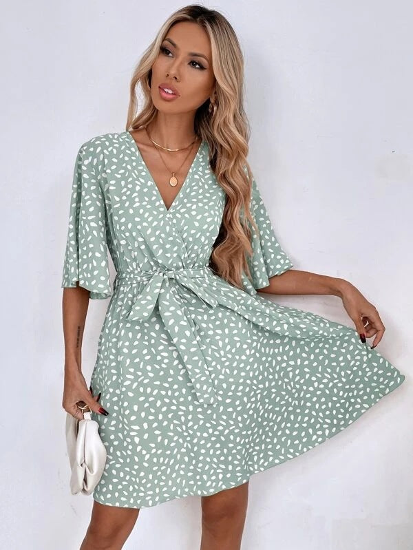 Dalmatian Print Flutter Sleeve Wrap Tie Waist Mini Dress