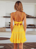 Lace Insert Tiered Ruffle Spaghetti Strap Deep V-Neck Mini Dress