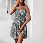 Square Neck Tie Shoulder Tiered Ruffle Ditsy Floral Mini Dress