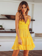 Lace Insert Tiered Ruffle Spaghetti Strap Deep V-Neck Mini Dress