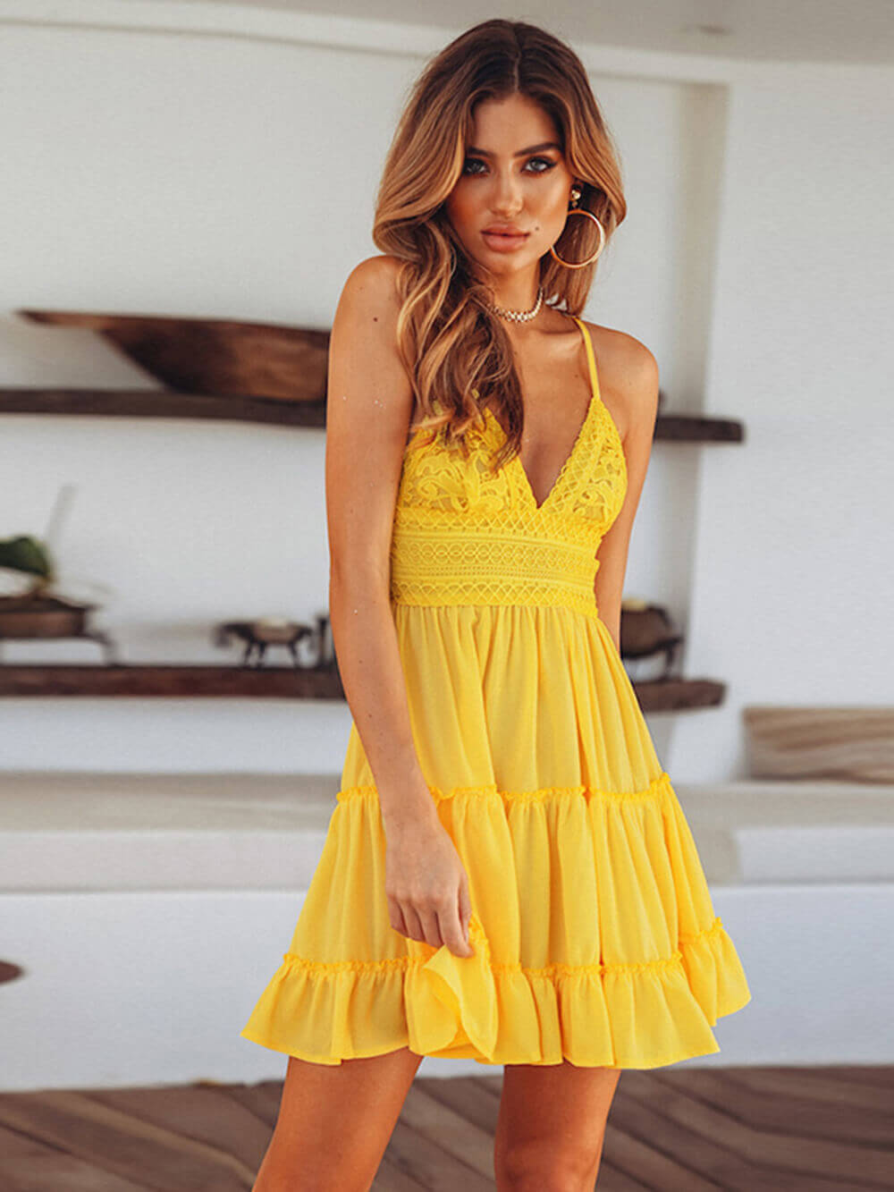 Lace Insert Tiered Ruffle Spaghetti Strap Deep V-Neck Mini Dress