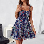 Square Neck Tie Shoulder Tiered Ruffle Ditsy Floral Mini Dress