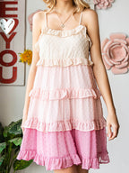 Swiss Dot Color Block Ruffle Trim Spaghetti Strap Tiered Mini Dress
