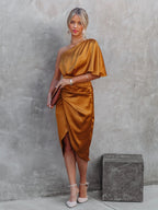 One Shoulder Draped Flutter Sleeve Wrap Ruched High Slit Midi Dress