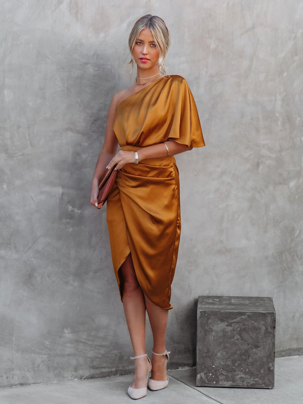 One Shoulder Draped Flutter Sleeve Wrap Ruched High Slit Midi Dress