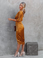 One Shoulder Draped Flutter Sleeve Wrap Ruched High Slit Midi Dress
