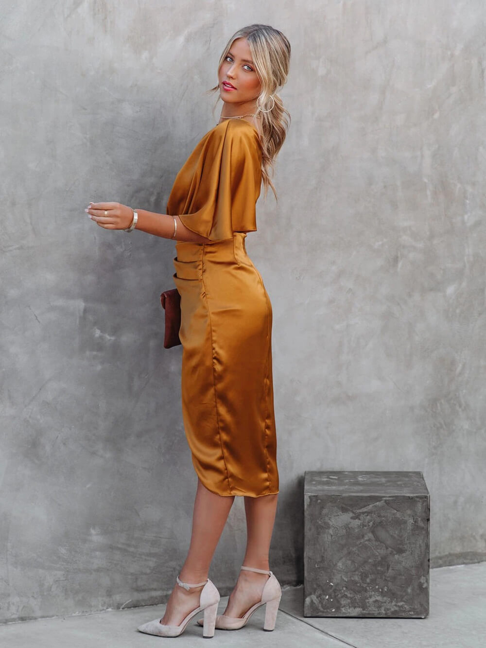 One Shoulder Draped Flutter Sleeve Wrap Ruched High Slit Midi Dress