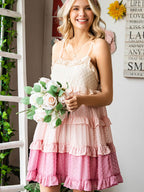 Swiss Dot Color Block Ruffle Trim Spaghetti Strap Tiered Mini Dress
