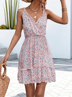 Ditsy Floral Print V-Neck Ruffle Trim Sleeveless Wrap Front Mini Dress