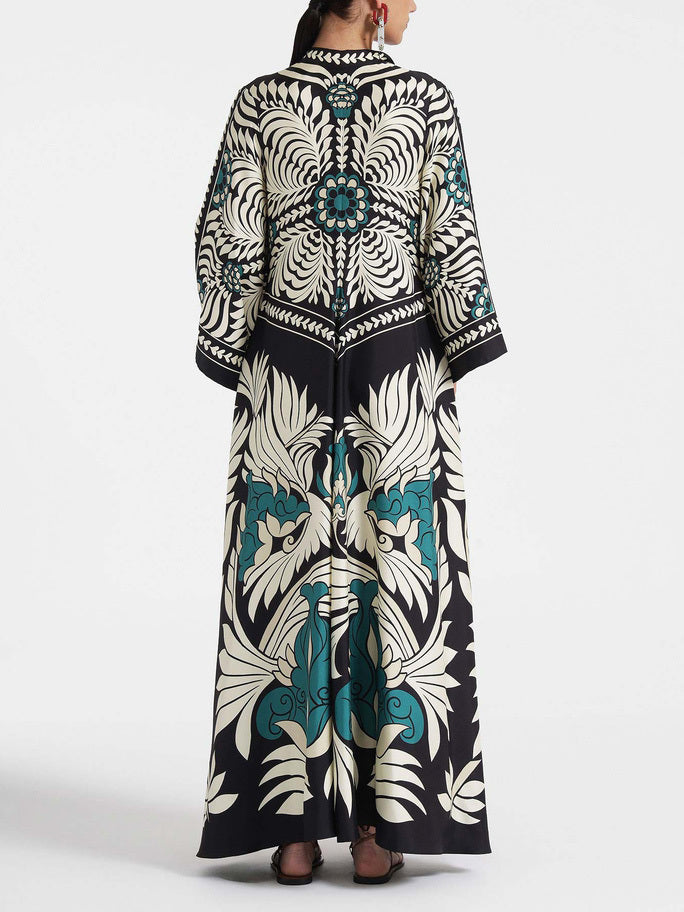 Mock Neck Bell Sleeve Graphic Floral Print Maxi Dress