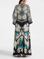 Mock Neck Bell Sleeve Graphic Floral Print Maxi Dress