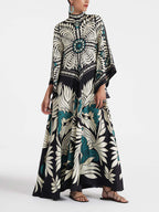Mock Neck Bell Sleeve Graphic Floral Print Maxi Dress