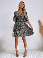 Dalmatian Print Flutter Sleeve Wrap Tie Waist Mini Dress