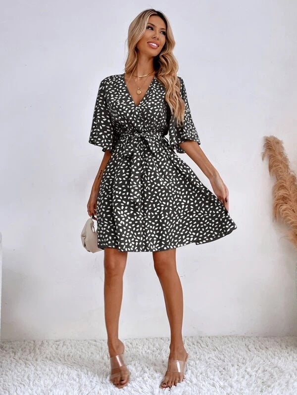 Dalmatian Print Flutter Sleeve Wrap Tie Waist Mini Dress
