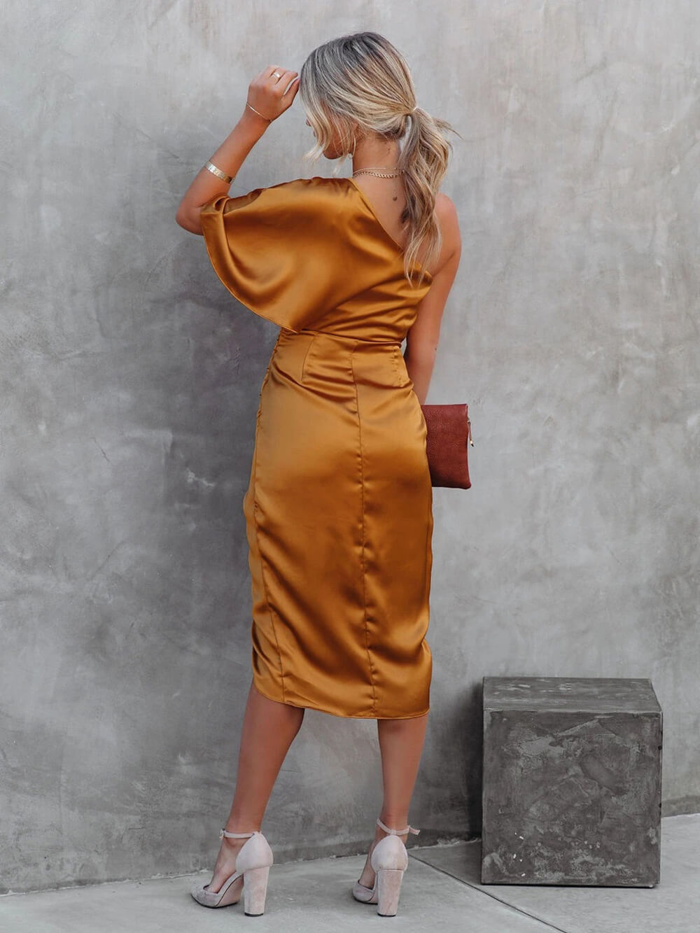 One Shoulder Draped Flutter Sleeve Wrap Ruched High Slit Midi Dress