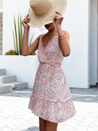 Ditsy Floral Print V-Neck Ruffle Trim Sleeveless Wrap Front Mini Dress
