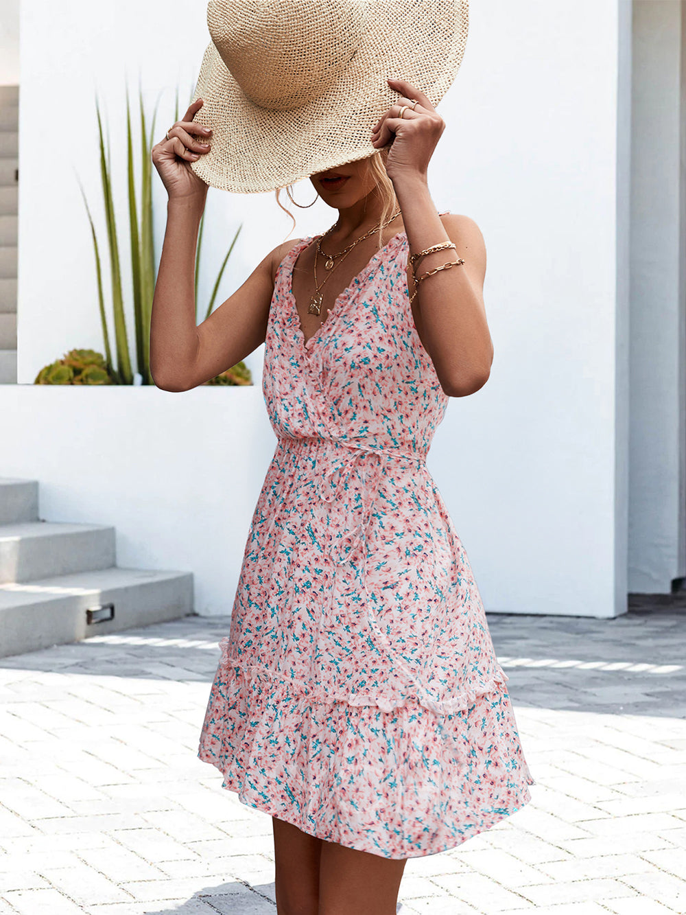 Ditsy Floral Print V-Neck Ruffle Trim Sleeveless Wrap Front Mini Dress