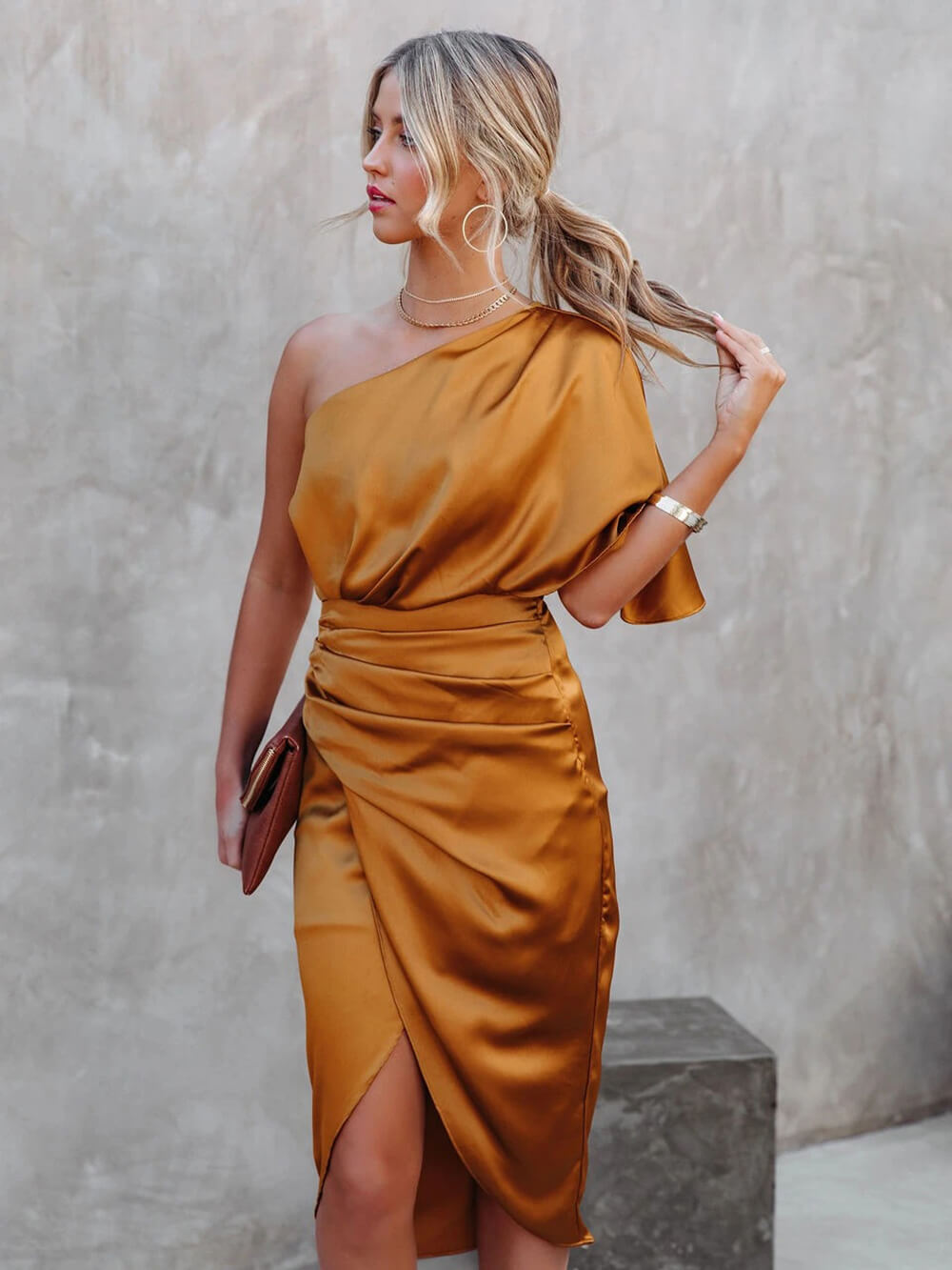 One Shoulder Draped Flutter Sleeve Wrap Ruched High Slit Midi Dress