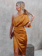 One Shoulder Draped Flutter Sleeve Wrap Ruched High Slit Midi Dress