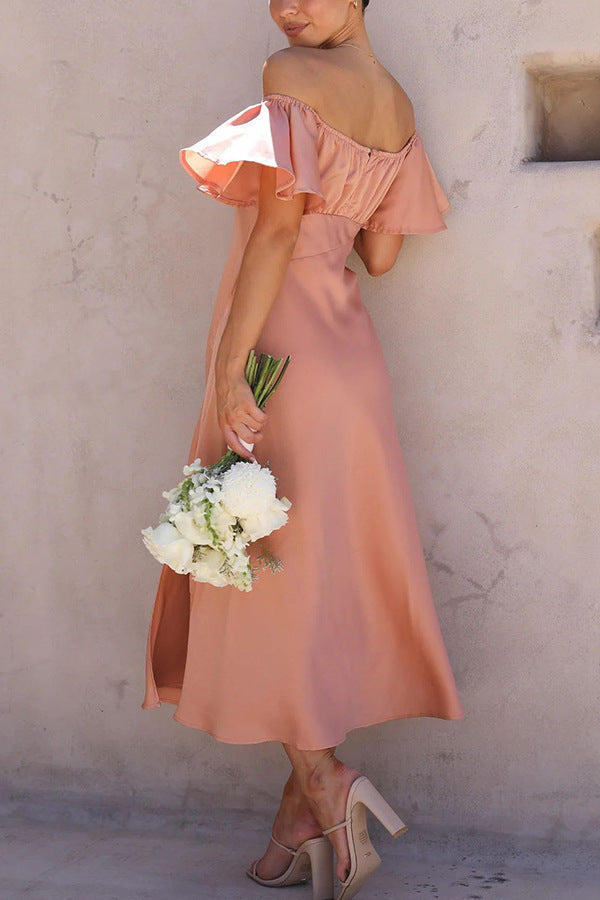 Off Shoulder Sweetheart Neck Flutter Sleeve Satin Bustier Midi Dress